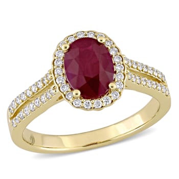 1 3/8 CT TGW Ruby and 1/3 CT TW Diamond Floral Halo Double Row Ring in
14K Yellow Gold