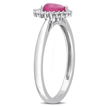 1/2 CT TGW Ruby and 1/8 CT TW Diamond Graduated Halo Ring in 14K White Gold