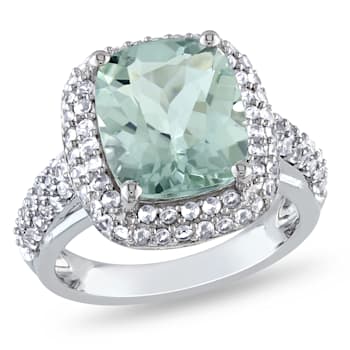6 CTW Green Quartz and Created White Sapphire Double Halo Ring in
Sterling Silver