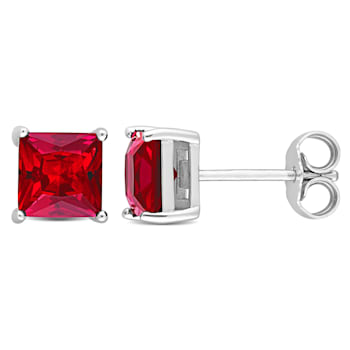 2 7/8 CT TGW Square Created Ruby Stud Earrings in Sterling Silver