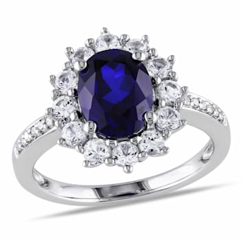 Halo Diamond and 4 CT TGW Created Blue and White Sapphire Ring in
Sterling Silver