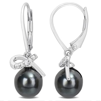 8-9MM Black Tahitian Cultured Pearl and Diamond Accent LeverBack
Earrings in Sterling Silver