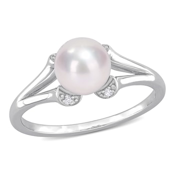 7-7.5MM Freshwater Cultured Pearl and Created White Sapphire Split-Shank
Ring in Sterling Silver