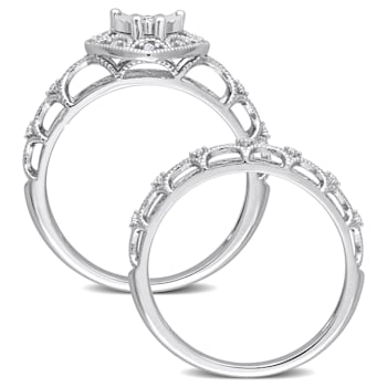 1/7 CT TW Diamond Heart Shape Halo Bridal Ring Set in Sterling Silver