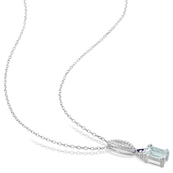 1 CT TGW Aquamarine, Blue Sapphire and 1/10 CT TDW Diamond Necklace in
Sterling Silver