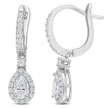 1 3/8 CT DEW Created Moissanite Teardrop Halo Drop Earrings in Sterling Silver