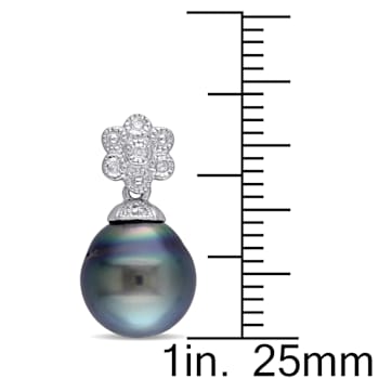 9.5-10 MM Black Tahitian Cultured Pearl and Diamond Accent Floral
Earrings in Sterling Silver