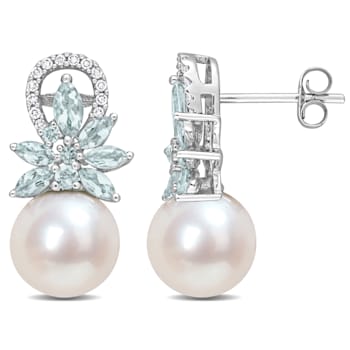 Freshwater Cultured Pearl, 1 1/5 CT TGW Aquamarine, 1/8 CT TW Diamond
Earrings in 14K White Gold