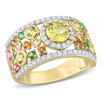 2 3/5 CT TGW Multi-Color Sapphire, Tsavorite and 1/2 CT TW Diamond Halo
Ring in 14K Yellow Gold