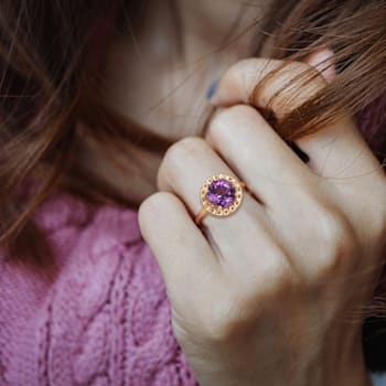 2 1/4 CT TGW African-Amethyst Halo Link Ring in Yellow Plated Sterling Silver