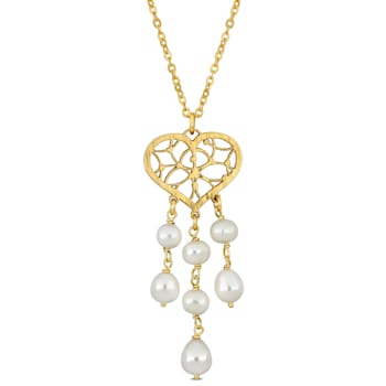 6-6.5MM Freshwater Cultured Pearl Chandelier Heart Necklace in 14K
Yellow Gold Over Sterling Silver