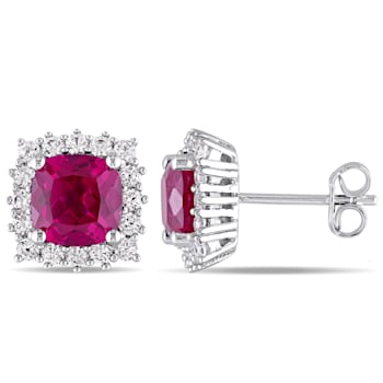 4 7/8 CT TGW Created Ruby and White Sapphire Stud Earrings in Silver