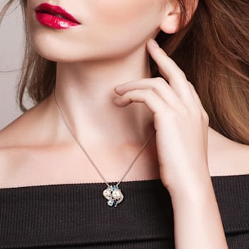 6.5-8MM Freshwater Cultured Pearl and Multi-color Topaz Cluster Pendant
in Sterling Silver