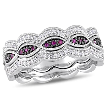1 5/8 CT TGW Created White Sapphire and Created Ruby Ring Set in
Sterling Silver with BlacK Rhodium