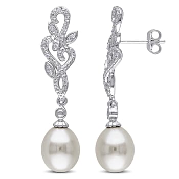 8.5-9 MM Freshwater Cultured Pearl and 1/10 CT TW Diamond Leaf Drop
Earrings in Sterling Silver