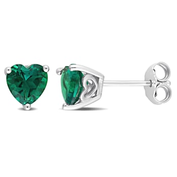 1 1/2 CT TGW Heart Shape Created Emerald Stud Earrings in Sterling Silver