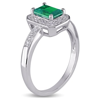 7/8 CT TGW Created Emerald and Diamond Accent Halo Ring in Sterling Silver