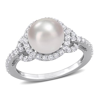 8.5-9MM Freshwater Cultured Pearl and 3/4 CT TGW White Topaz Halo Ring
in Sterling Silver
