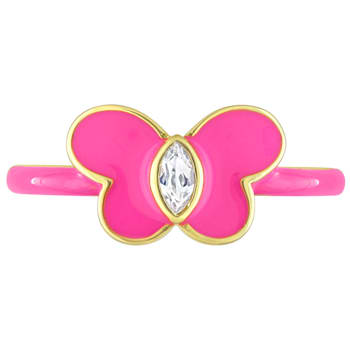 1/8 CT TGW Created White Sapphire Butterfly Pink Enamel Ring in Yellow
Plated Sterling Silver