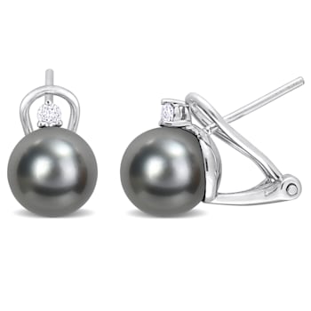 8-8.5MM Black Tahitian Cultured Pearl and 1/8 CT TGW Topaz Leverback
Earrings in Sterling Silver