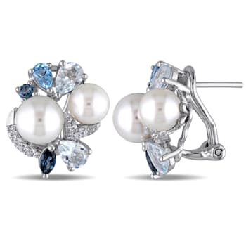 3 1/2 CT TGW Created White Sapphire, Multicolor Topaz and Cultured Pearl
Earrings in Sterling Silver