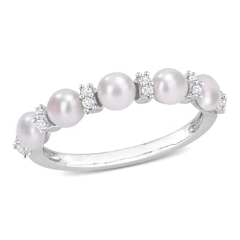 3.5-4MM Freshwater Cultured Pearl and 1/8 CT TGW White Topaz Semi
Eternity Ring in Sterling Silver