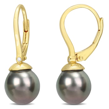 8-8.5 MM Black Tahitian Cultured Pearl and Diamond Accent Earrings in
Sterling Silver