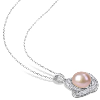 9.5-10.5MM Pink Freshwater Cultured Pearl & Cubic Zirconia Pendant
& Earrings Set in Sterling Silver