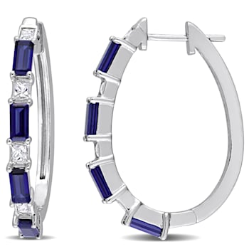 3 5/8 CT TGW Created Blue and White Sapphire Oval Hoop Earrings in
Sterling Silver