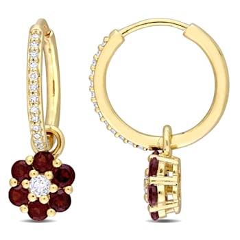 1 1/4 CT TGW White Topaz Garnet and 1/8 CT TW Diamond Floral Hoop
Earrings in 10K Yellow Gold