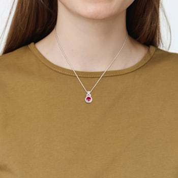 1 4/5 CT TGW  Created White Sapphire and Created Ruby Halo Pendant with
Chain in Sterling Silver