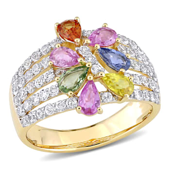 2 7/8 CT TGW Multi-Color Sapphire Floral Ring in 14K Yellow Gold
