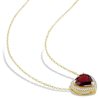 3 4/5 CT TGW Garnet and 1/5 CT TW Diamond Halo Heart Necklace in Yellow
Plated Sterling Silver