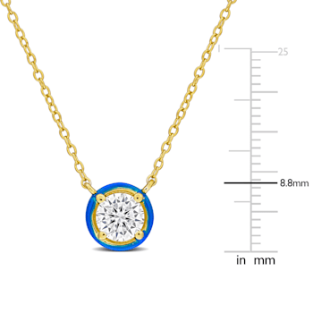 3/4 CT TGW Moissanite with Blue Enamel Halo Solitaire Necklace in Yellow
Plated Sterling Silver