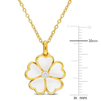 1/10 CT TGW White Topaz with White Enamel Flower Pendant with Chain in
Yellow Plated Sterling Silver