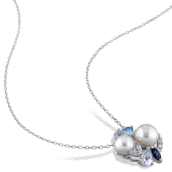 6.5-8MM Freshwater Cultured Pearl and Multi-color Topaz Cluster Pendant
in Sterling Silver