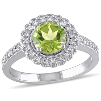 1 1/2 CTW Peridot and 1/8 CT TW Diamond Halo Ring in Sterling Silver