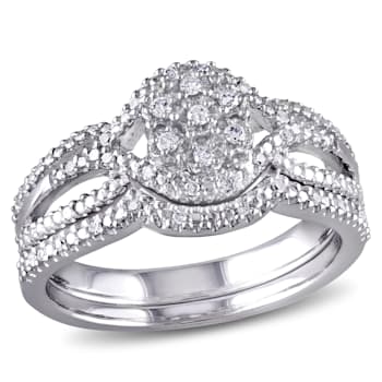1/7 CT TW Diamond Cluster Split Shank Bridal Set in Sterling Silver