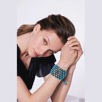 Shambhala Cuff Bracelet on Brown Cotton Cord with Turquoise and White
Cubic Zirconia Beads