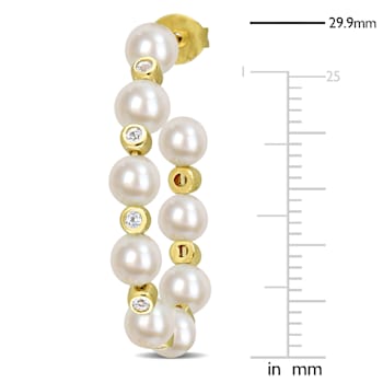4.5-5MM Cultured Pearl and White Topaz Hoop Earrings in 14K Yellow Gold
Over Sterling Silver