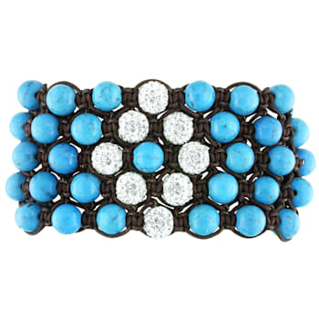 Shambhala Cuff Bracelet on Brown Cotton Cord with Turquoise and White
Cubic Zirconia Beads