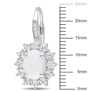 3 7/8 CT TGW Opal, White Topaz and Diamond Halo Leverback Earrings in
Sterling Silver