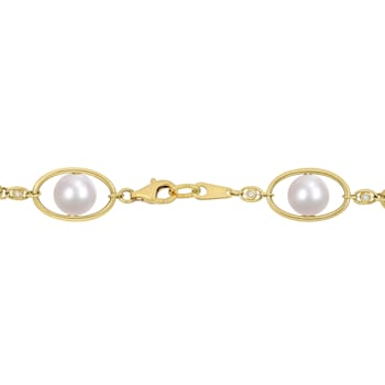 8-8.5 MM Freshwater Cultured Pearl and Cubic Zirconia Necklace 18K
Yellow Gold Over Sterling Silver