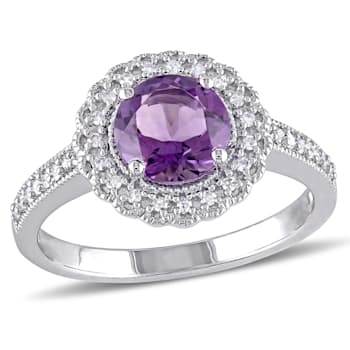 1 1/3 CT TGW Amethyst and 1/8 CT TW Diamond Halo Ring in Sterling Silver