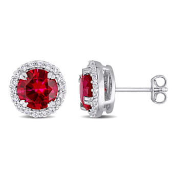 5 1/2 CT TGW Created Ruby and Created White Sapphire Circular Halo Stud
Earrings in Sterling Silver