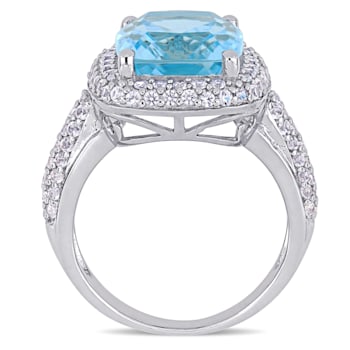 7 1/4 CT TGW Sky Blue Topaz and Created White Sapphire Double Halo Ring
in Sterling Silver