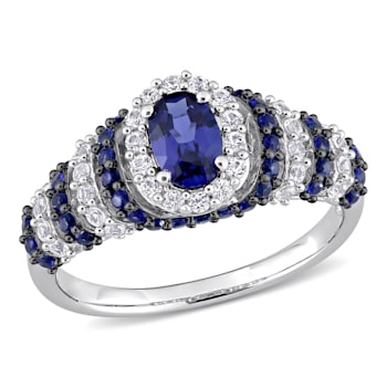 1 1/2 CT TGW Created Blue and White Sapphire Vintage Ring in Sterling Silver