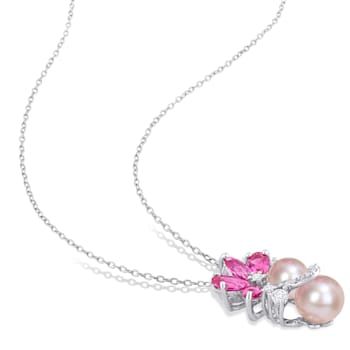 7-9MM Pink Freshwater Cultured Pearl and 3 1/8 CT TGW Created Sapphire
Pendant in Sterling Silver
