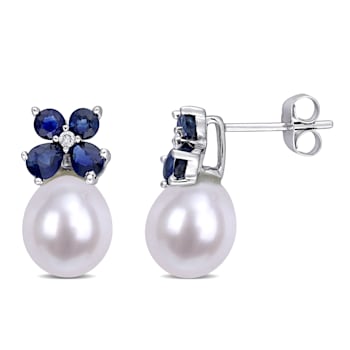 8-8.5MM Freshwater Cultured Pearl and 1 1/4 CT TGW Sapphire with Diamond
Earrings in 10K White Gold