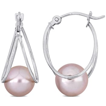 8-8.5MM Pink Freshwater Cultured Pearl Drop Earrings in 10K White Gold